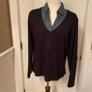 BELUVA TOP BLACK STRETCH LONG SLEEVE GREEN PLAID COLLAR USA No size Fits L